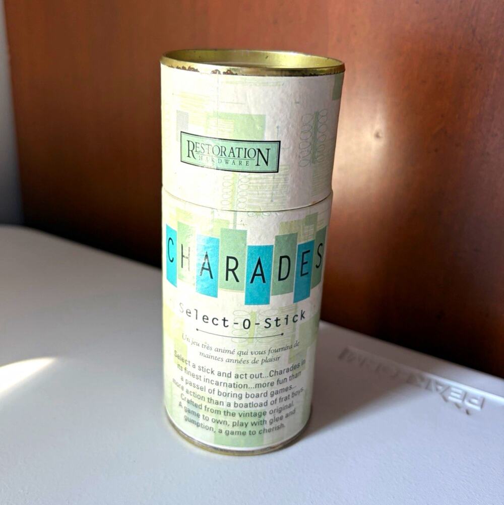 Vtg Restoration Hardware Charades On the Go Game Select-O-Stick Tin Container